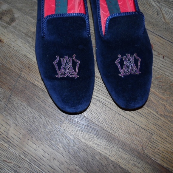 Mens Shipton & Heneage Blue Velvet Loafers Gold Embroidered Slipper Shoes Sz 13 main image 4